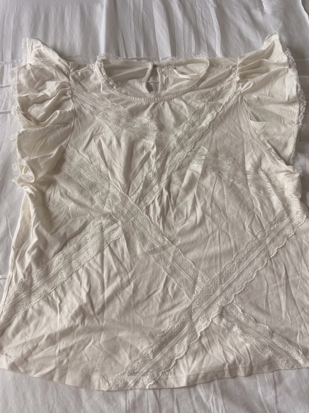 NWOT Anthropologie Cream Lace-Trim Short Sleeve Tee